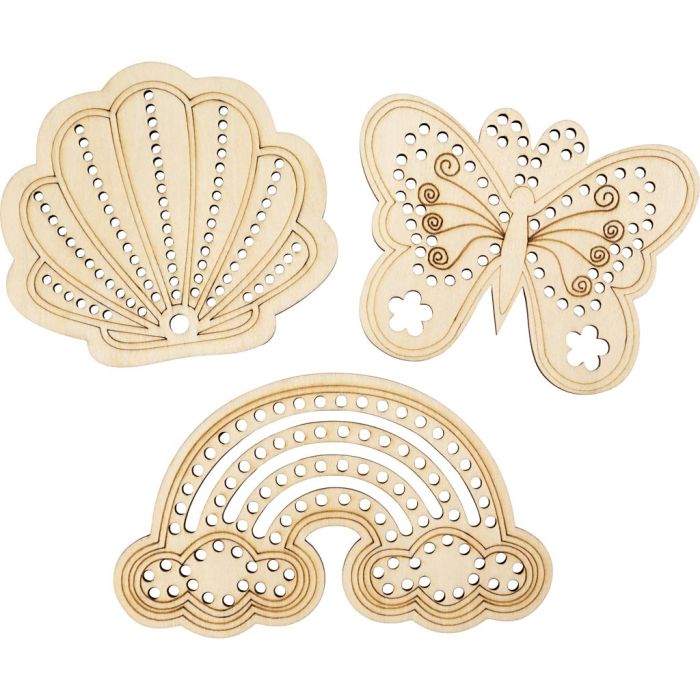 Forme en bois avec trous, Arc-en-ciel, coquille, papillon, dim. 7,5-13 cm, 6 pièces/ 1 Pq.