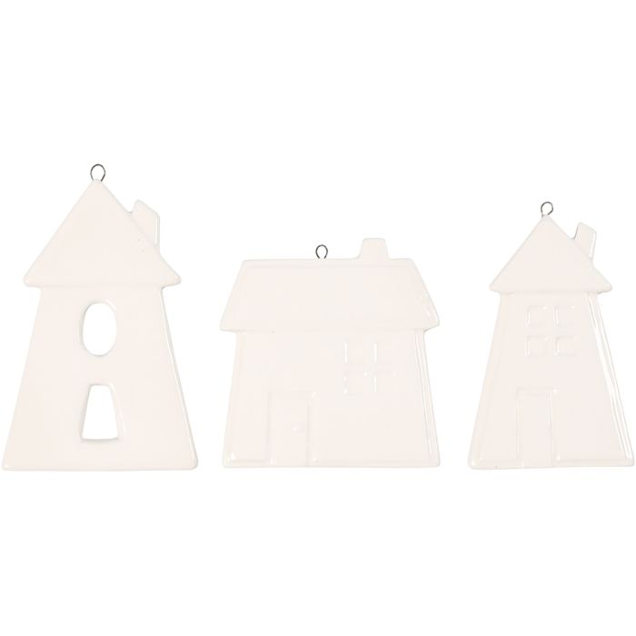 Décorations à suspendre, maisons, H : 7,6-9,7 cm, blanc, 3 pièces/ 1 Pq.