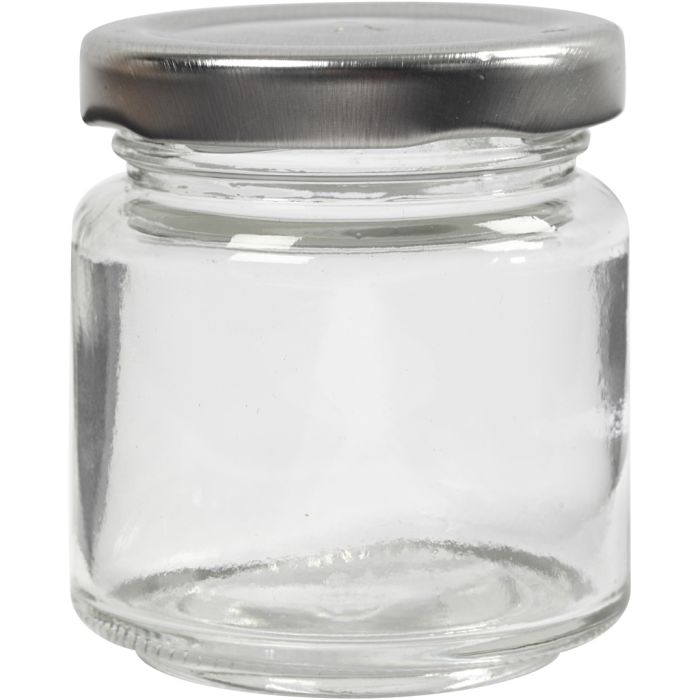Pot en verre, H : 6,5 cm, d 5,7 cm, 100 ml, transparent, 12 pièces/ 1 Pq.