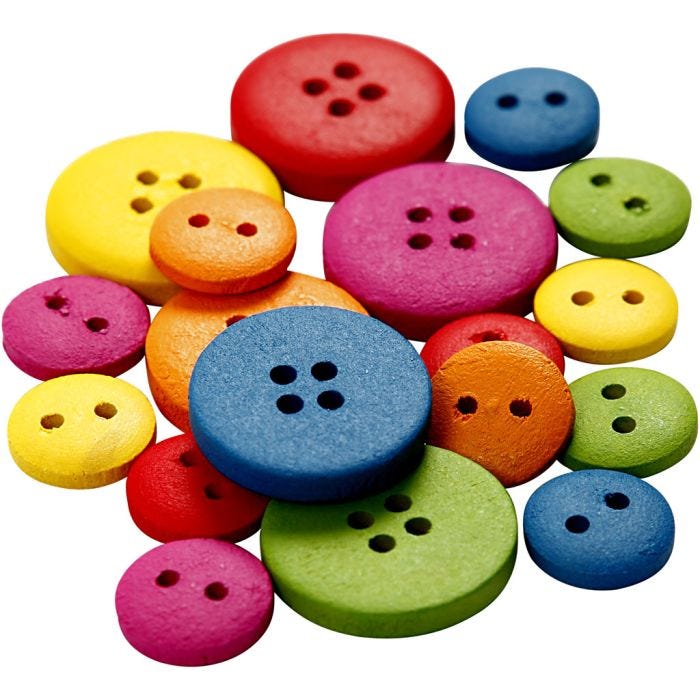 Boutons en bois, 12-20 mm, 2-4 trous, ass. de couleurs, 360pièces/ 1 Pq.