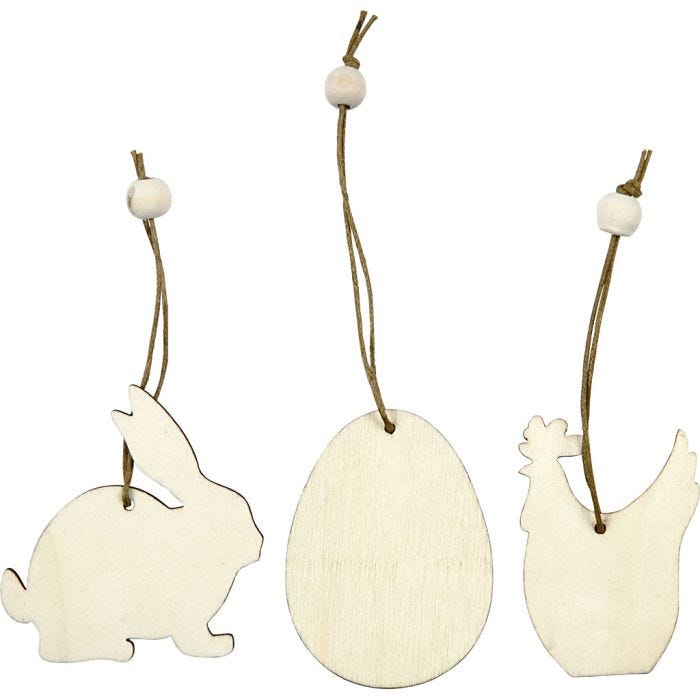 Décorations en bois, lapin, fleur, poulet, dim. 6 cm, ép. 3 mm, 9 pièces/ 1 Pq.