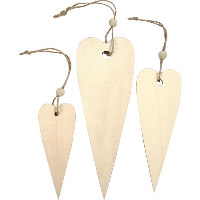 Décorations en bois, coeur allongé, 12+16+20 cm, 5 mm, 3pièces/ 1 Pq.