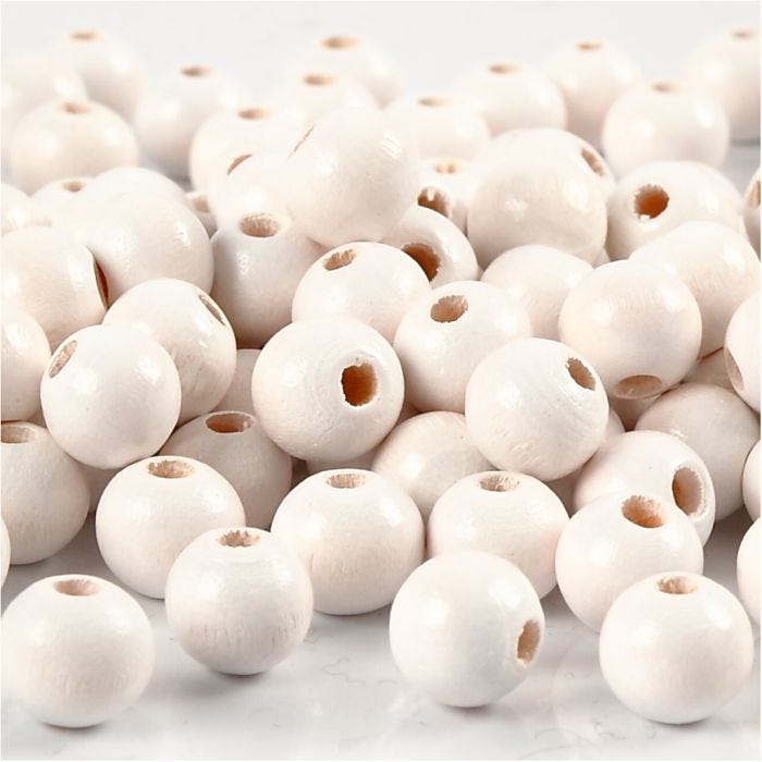Perles en bois, d 8 mm, diamètre intérieur 2 mm, blanc, 15gr/ 1 Pq.
