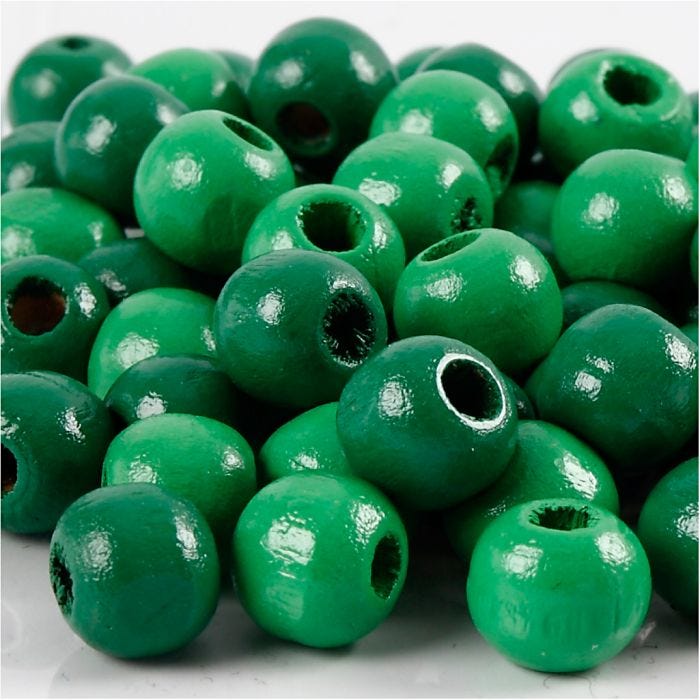 Perles en bois, d 10 mm, diamètre intérieur 3 mm, vert, 20 gr/ 1 Pq.