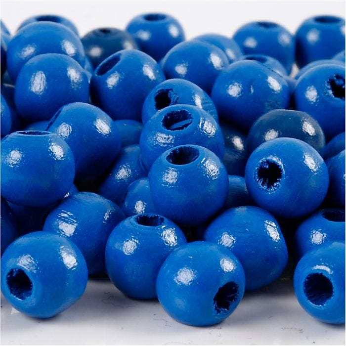 Perles en bois, d 10 mm, diamètre intérieur 3 mm, bleu, 20 gr/ 1 Pq.