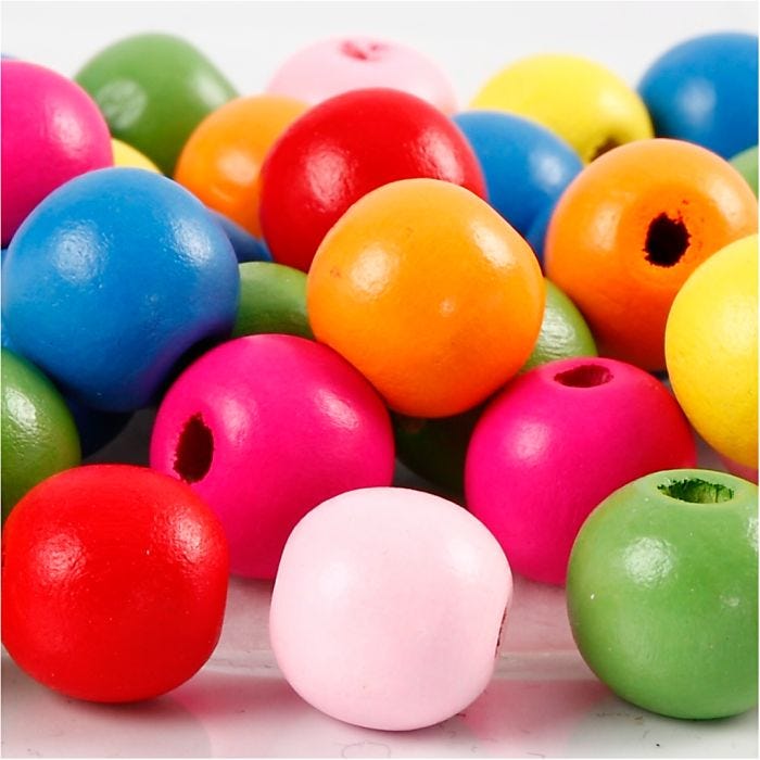 Perles en bois, d 12 mm, diamètre intérieur 2,5-3 mm, ass. de couleurs, 22 gr/ 1 Pq.