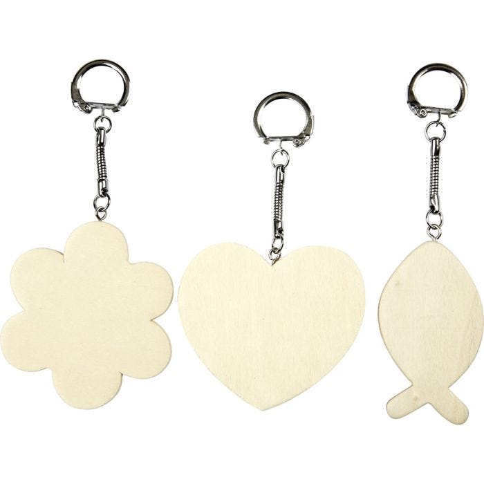 Porte-clés avec pendentif en bois, dim. 6-7 cm, ép. 3 mm, 12pièces/ 1 Pq.