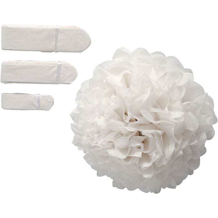 Pompons en papier, d 20+24+30 cm, 14 gr, blanc, 3pièces/ 1 Pq.