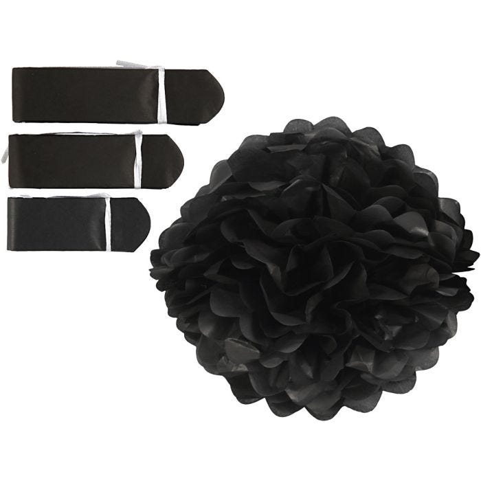 Pompons en papier, d 20+24+30 cm, 16 gr, noir, 3pièces/ 1 Pq.