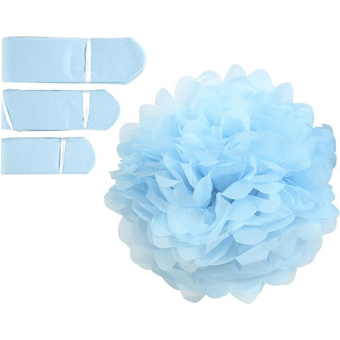 Pompons en papier, d 20+24+30 cm, 16 gr, bleu clair, 3pièces/ 1 Pq.