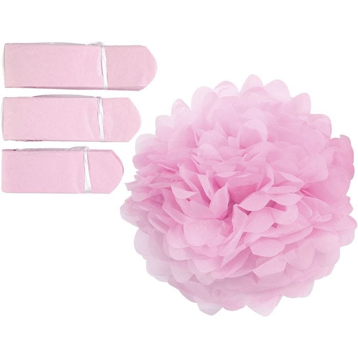 Pompons en papier, d 20+24+30 cm, 16 gr, rose clair, 3pièces/ 1 Pq.