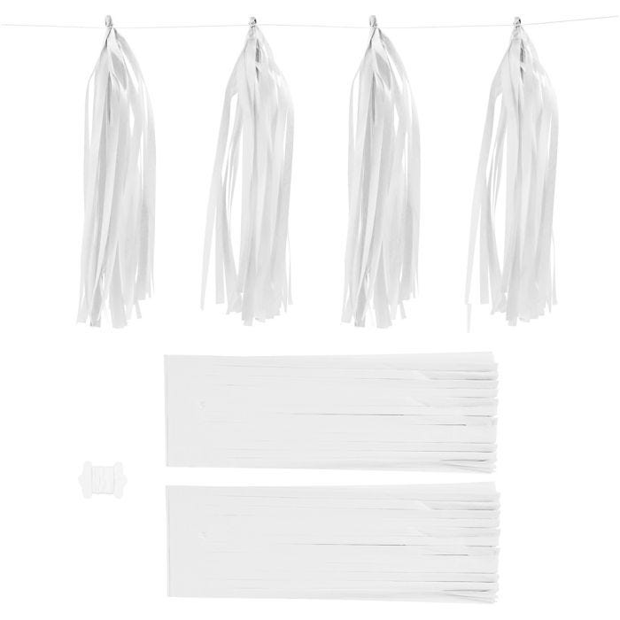 Pompons en papier, dim. 12x35 cm, 14 gr, blanc, 12pièces/ 1 Pq.