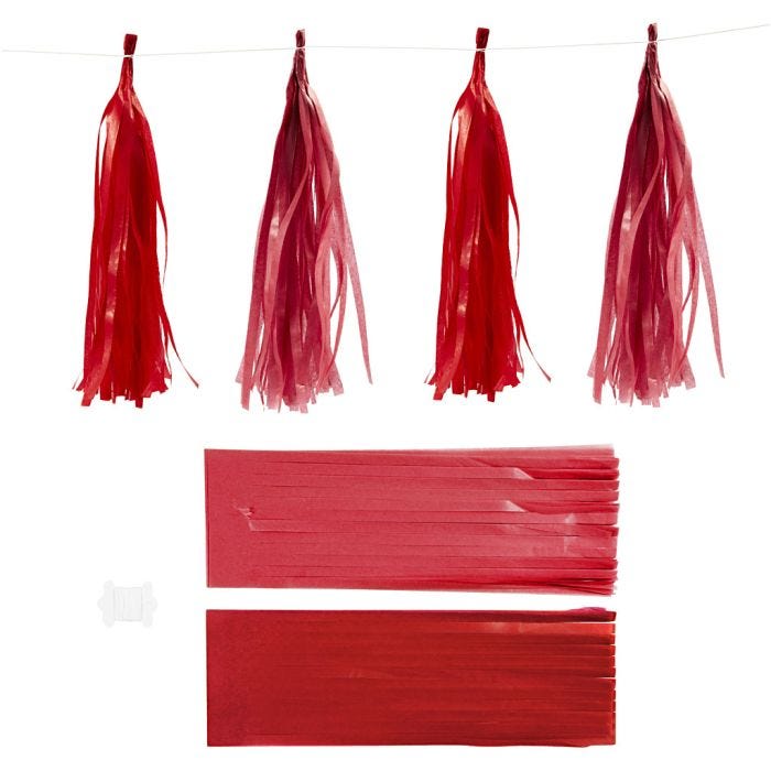 Pompons en papier, dim. 12x35 cm, 14 gr, rouge vin/rouge, 12pièces/ 1 Pq.