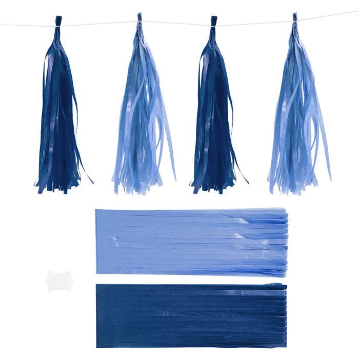 Pompons en papier, dim. 12x35 cm, 14 gr, bleu foncé/bleu clair, 12pièces/ 1 Pq.