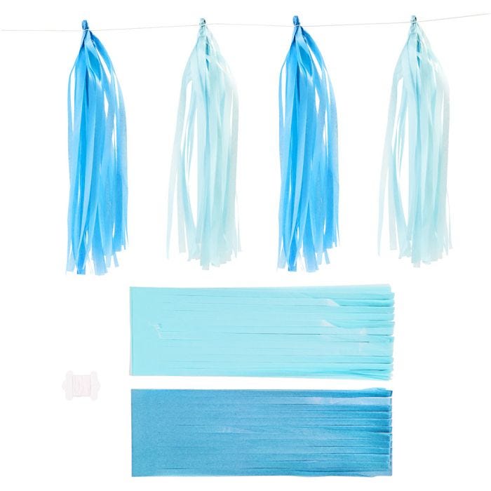 Pompons en papier, dim. 12x35 cm, 14 gr, bleu, bleu clair, 12pièces/ 1 Pq.