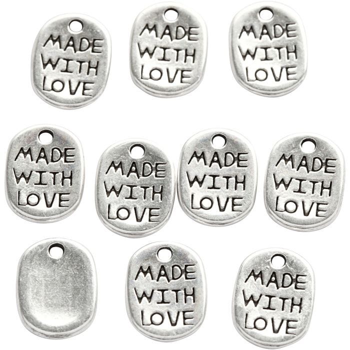 Pendentif, L : 12 mm, L : 8 mm, diamètre intérieur 1 mm, argenté, 10 pièces/ 1 Pq.
