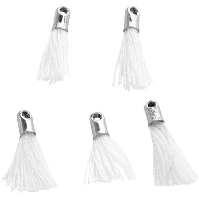 Pompon en coton, L : 10 mm, diamètre intérieur 1 mm, blanc, 5 pièces/ 1 Pq.