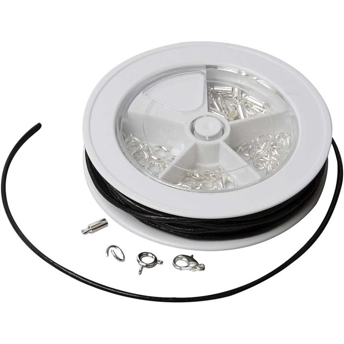 Kit de démarrage pour la fabrication de bijoux, Lacets en cuir, noir, argenté, 1 set