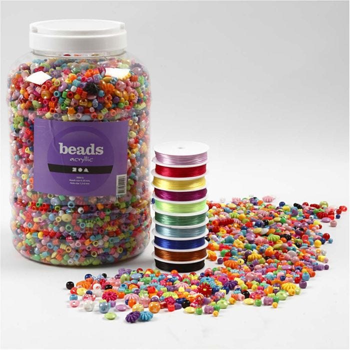 Perles en Plastique et Cordon Élastique pour Perles, dim. 6-20 mm, diamètre intérieur 1,5-6 mm, 1 Pq.