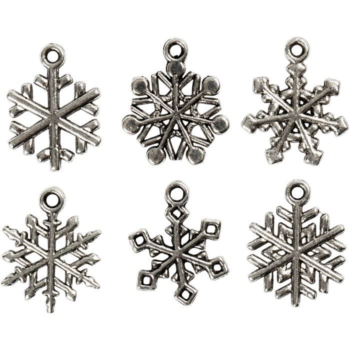 Flocons de neige, H : 20 mm, diamètre intérieur 1,5 mm, argent antique, 18 ass./ 1 Pq.