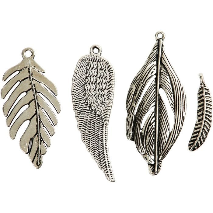 Plumes, dim. 29-55 mm, diamètre intérieur 12-20 mm, argent antique, 4 pièces/ 1 Pq.