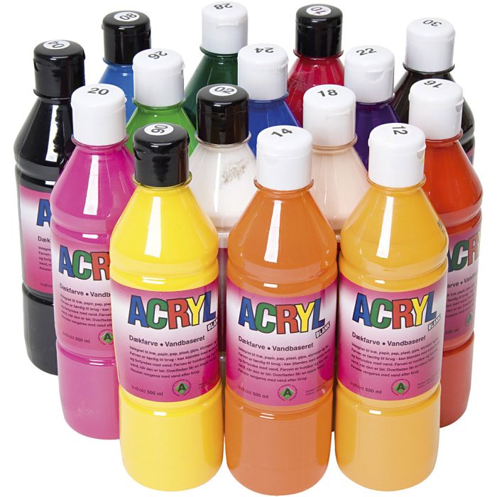 Peinture Acrylique, ass. de couleurs, 15x500 ml/ 1 Pq.