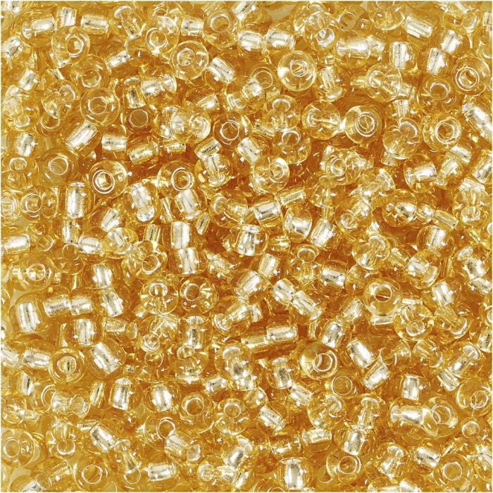 Perles de rocaille, d 3 mm, dim. 8/0, diamètre intérieur 0,6-1,0 mm, or, 25 gr/ 1 Pq.