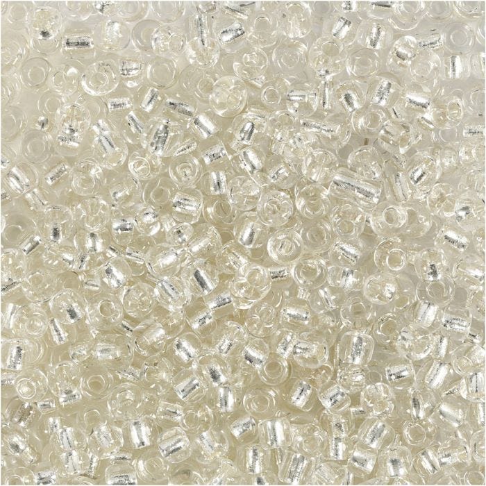 Perles de rocaille, d 3 mm, dim. 8/0, diamètre intérieur 0,6-1,0 mm, argent, 25 gr/ 1 Pq.