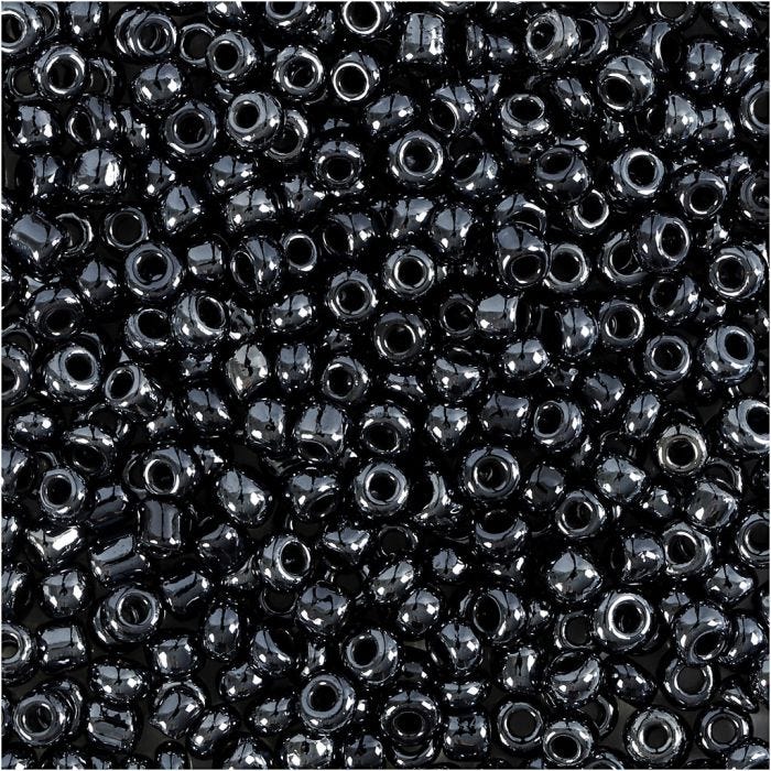 Perles de rocaille, d 3 mm, dim. 8/0, diamètre intérieur 0,6-1,0 mm, noir métallique, 25 gr/ 1 Pq.