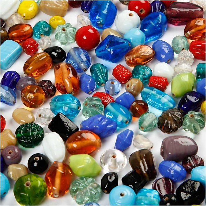 Perles de verre, dim. 7-18 mm, diamètre intérieur 1 mm, ass. de couleurs, 1000gr/ 1 Pq.