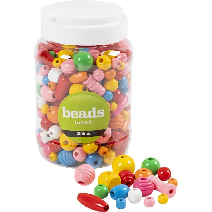 Perles en bois, dim. 5-28 mm, diamètre intérieur 2,5-3 mm, ca. 466 pièce, ass. de couleurs, 175 gr, 400 ml/ 1 seau