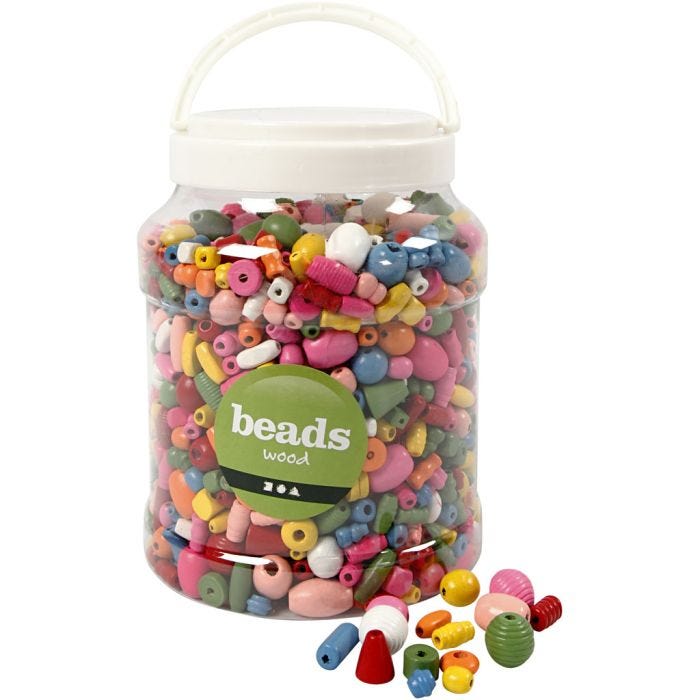 Perles en bois, dim. 5-28 mm, diamètre intérieur 2,5-3 mm, ass. de couleurs, 850 gr, 2L/ 1 seau