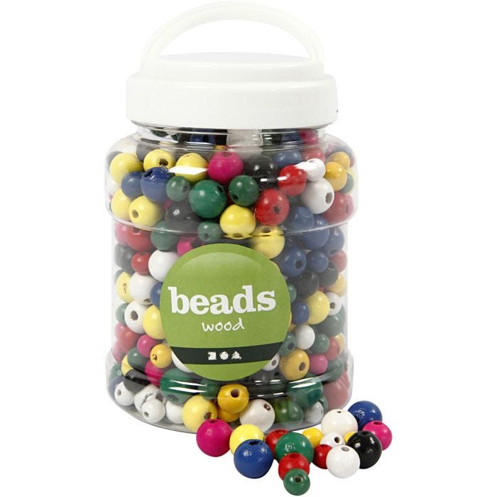 Perles en bois, d 8+10+12 mm, diamètre intérieur 2-2,5 mm, ass. de couleurs, 175 gr, 400ml/ 1 seau