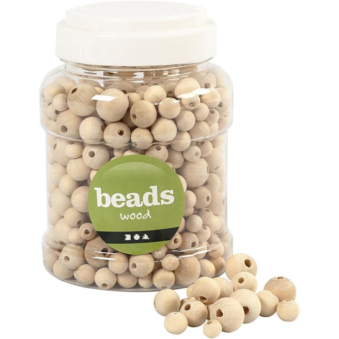 Perles en bois, d 8+10+12+15 mm, diamètre intérieur 2-3 mm, 175 gr, 400ml/ 1 seau
