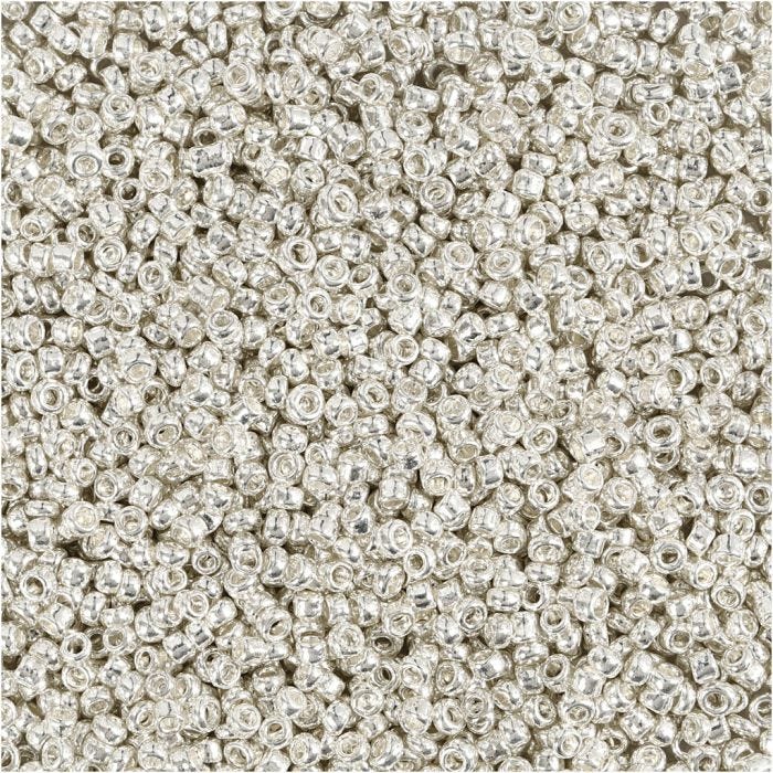 Perles de rocaille, 1,7 mm, 15/0, 0,5-0,8 mm, Argent métallisé, 25gr/ 1 Pq.