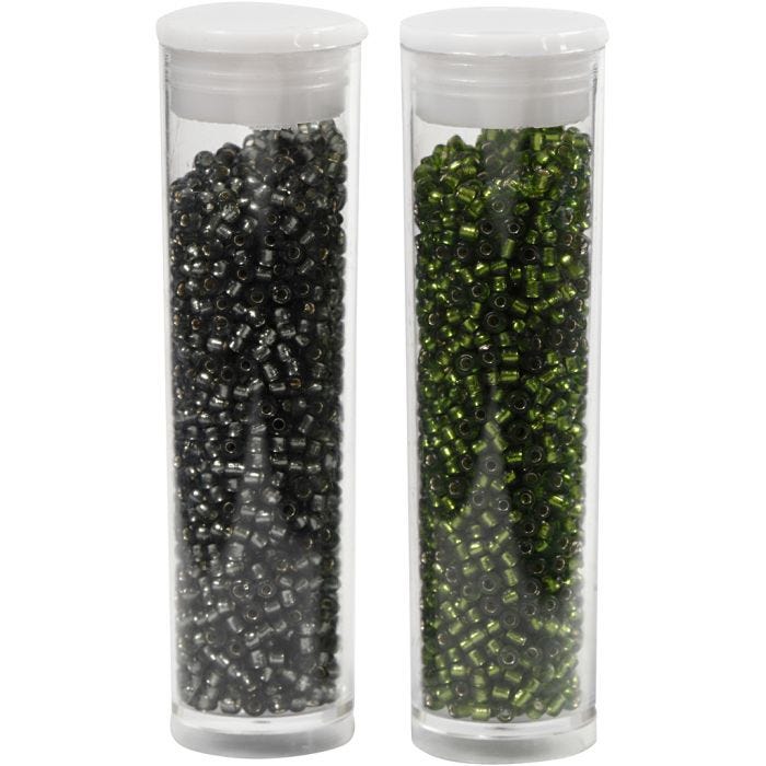 Perles de rocaille, d 1,7 mm, dim. 15/0, diamètre intérieur 0,5-0,8 mm, vert pré, Gris vert, 2x7gr/ 1 Pq.