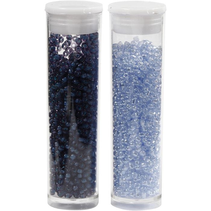 Perles de rocaille, 1,7 mm, 15/0, 0,5-0,8 mm, bleu clair, bleu foncé, 2x7gr/ 1 Pq.