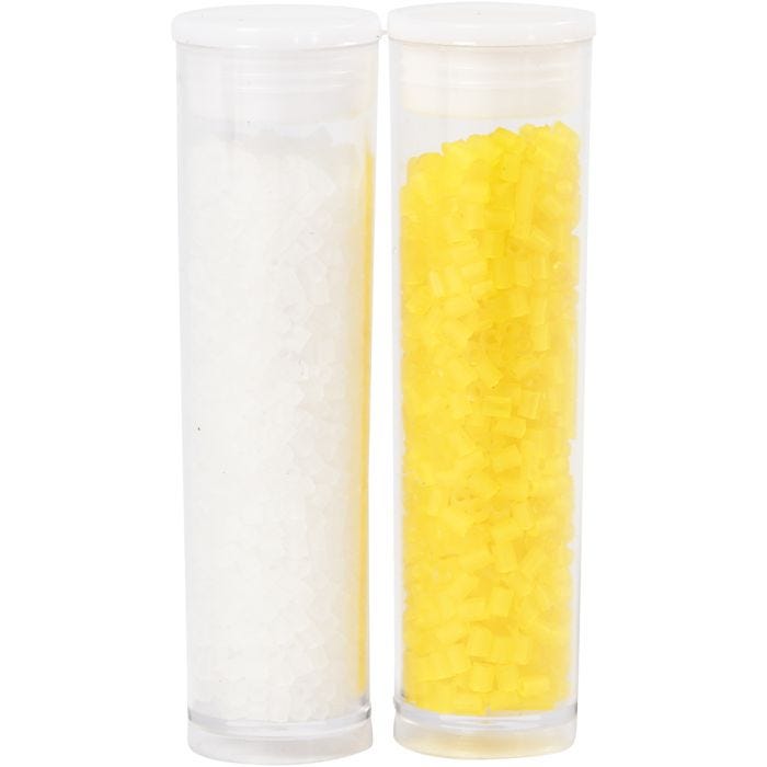 Rocailles 2-cut, d 1,7 mm, dim. 15/0, diamètre intérieur 0,5 mm, blanc, jaune transparent, 2x7 gr/ 1 Pq.