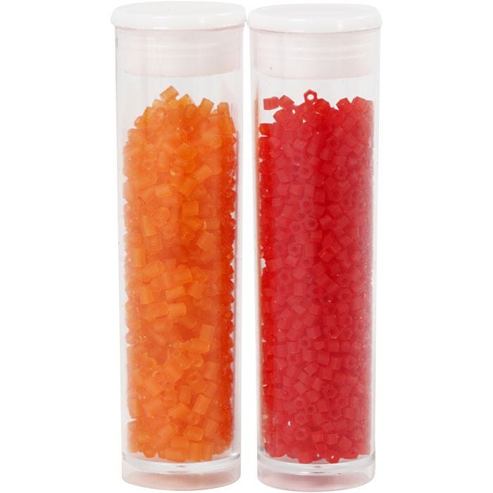 Rocailles 2-cut, d 1,7 mm, dim. 15/0, diamètre intérieur 0,5 mm, orange transparent, rouge transparent, 2x7 gr/ 1 Pq.