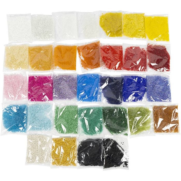 Perles de rocaille, 1,7+3+4 mm, 6/0+8/0+12/0, 0,5-1,2 mm, la couleur peut varier , 32x100gr/ 1 Pq.