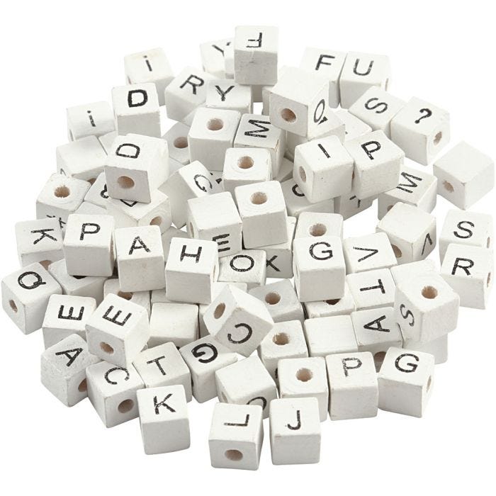 Perles lettres, A-Z, &, #, ?, dim. 8x8 mm, diamètre intérieur 3 mm, blanc, 96 ass./ 1 Pq.