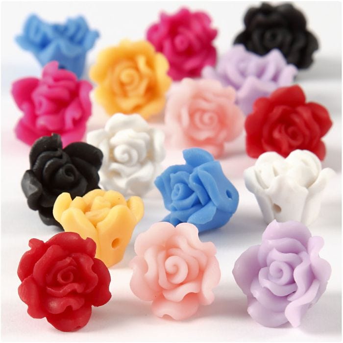 Roses en pâte, d 16x10 mm, diamètre intérieur 0,5 mm, ass. de couleurs, 16 ass./ 1 Pq.