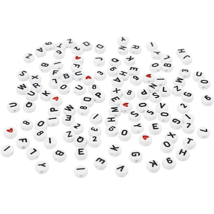Perles lettres, 7 mm, 1,2 mm, blanc, 25gr/ 1 Pq.