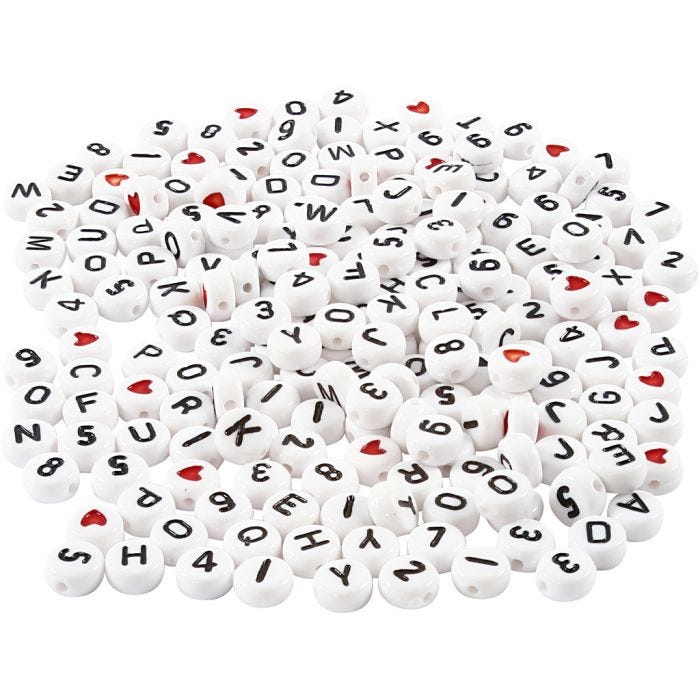 Perles lettres, 7 mm, 1,2 mm, blanc, 200gr/ 1 Pq.