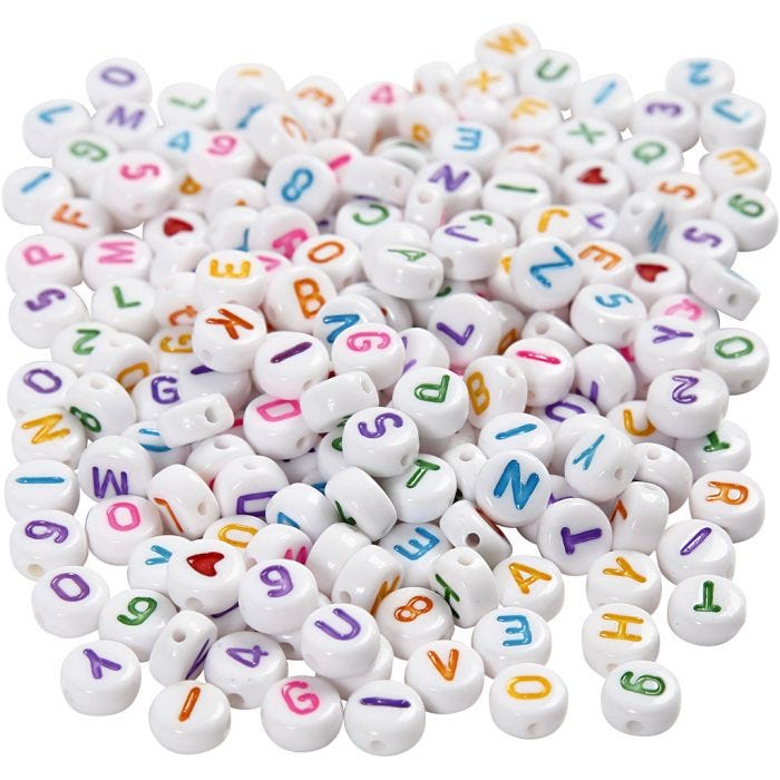 Perles lettres, 7 mm, 1,2 mm, blanc, 200gr/ 1 Pq.