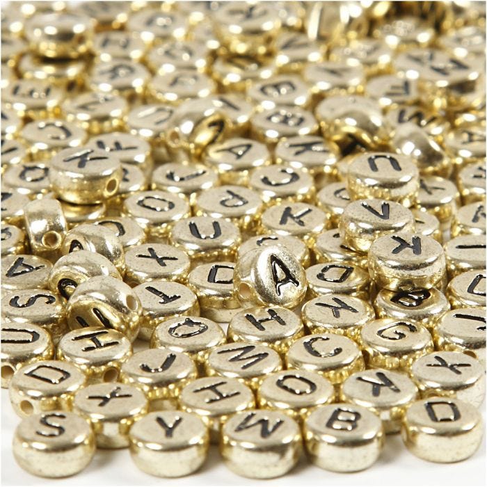 Perles lettres, 7 mm, 1,2 mm, or, 21gr/ 1 Pq.