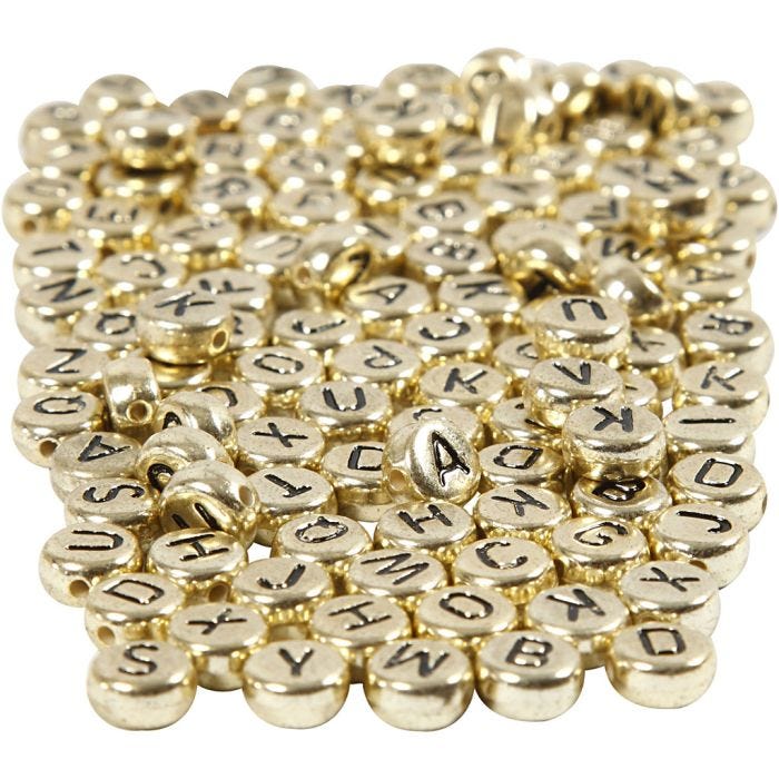 Perles lettres, 7 mm, 1 mm, or, 165gr/ 1 Pq.