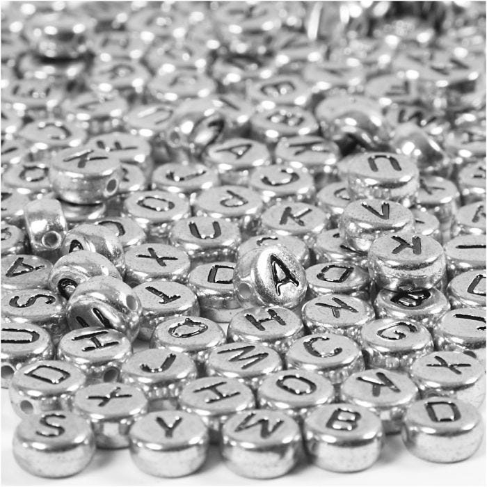 Perles lettres, 7 mm, 1,2 mm, argent, 21gr/ 1 Pq.