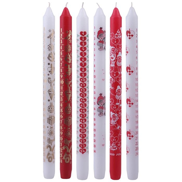 Bougies de l'Avent, H : 30 cm, d 22 mm, rouge, blanc, 24pièces/ 1 Pq.