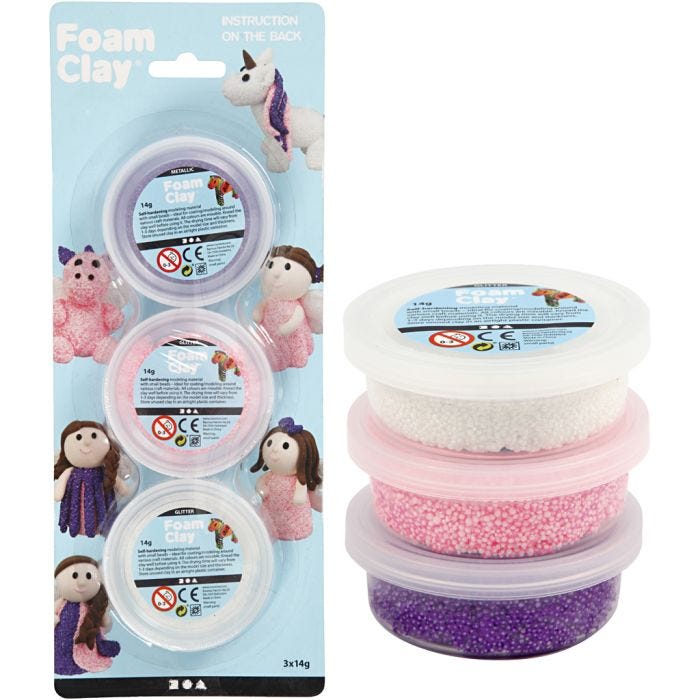 Foam Clay®, paillettes,Métallisé, rose, violet, blanc, 3x14gr/ 1 Pq.